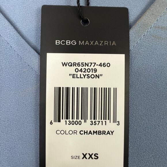 BCBGMaxAzaria Ellyson Mini Dress XXS Blue Chambray Cold Shoulder Swing Baby Doll - Picture 5 of 13